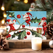 Vintage Kerstmis Elves Holly Holiday Briefkaart