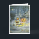 Vintage Kerstmis - Engel & Mand van Sterren, Kaart<br><div class="desc">Een vintage ontwerpeigenschappen van de Kerstkaart een donkere, maanbeschenen nacht in een sneeuwbos. Een kleine engel loopt door een bosopheldering dragend een mand van heldere sterren, die hen verspreiden langs de grond. Over de engel is de schouder een lange pool aan het eind met een lantaarn. De vogels fladderen rond...</div>