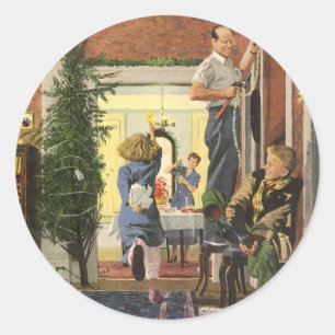 Vintage Kerstmis, Familie Decorteert het Huis Ronde Sticker