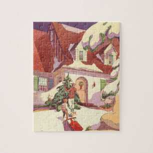 Vintage Kerstmis, Familiehuis in de sneeuw Legpuzzel