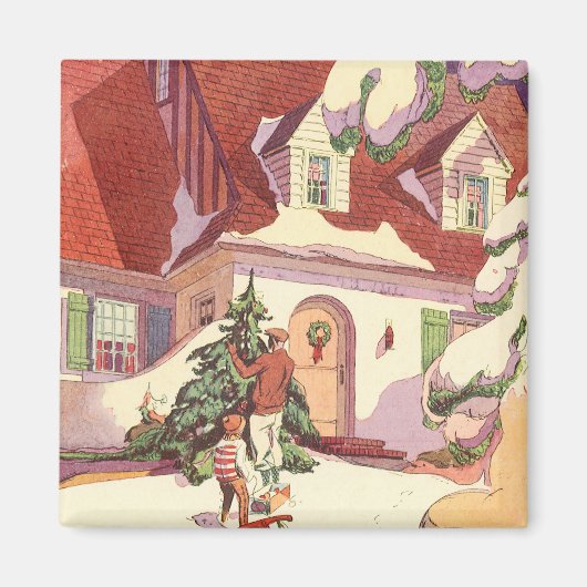 Vintage Kerstmis, Familiehuis in de sneeuw Magneet (Voorkant)