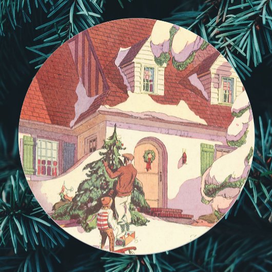 Vintage Kerstmis, Familiehuis in de sneeuw Ronde Sticker