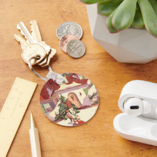 Vintage Kerstmis, Familiehuis in de sneeuw Sleutelhanger