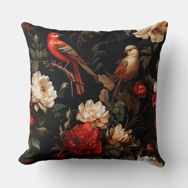 Vintage Kerstmis fantasie Bloemen Vogels Patroon Kussen (Voorkant)