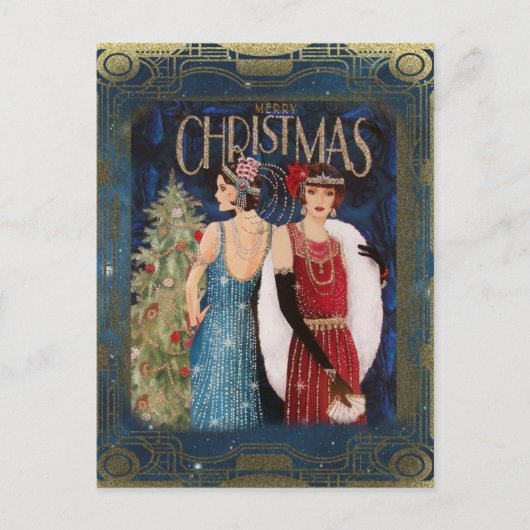Vintage Kerstmis Flappers Feestdagenkaart (Voorkant)