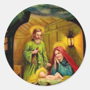 Vintage Kerstmis Geboorte van Jezus Ronde Sticker