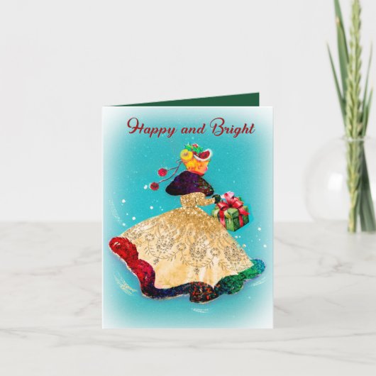 Vintage Kerstmis geschenkdoos goud glitter meisje (Voorkant)