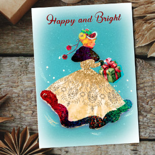 Vintage Kerstmis geschenkdoos goud glitter meisje Feestdagenkaart