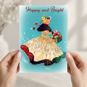 Vintage Kerstmis geschenkdoos goud glitter meisje Feestdagenkaart