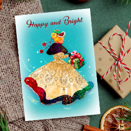 Vintage Kerstmis geschenkdoos goud glitter meisje Kaart