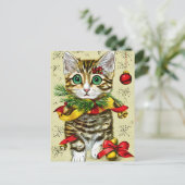 Vintage Kerstmis Ginger Kat en Bauble Feestdagenkaart (Staand voorkant)