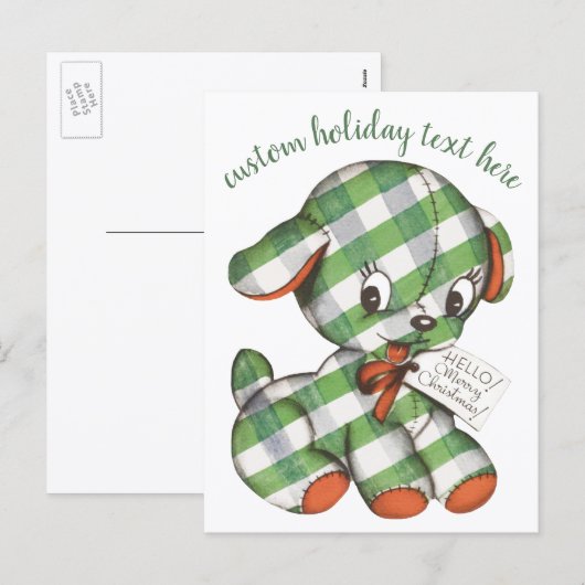 Vintage Kerstmis Gingham Puppy Dog stuffe Animal Feestdagenkaart (Voorkant / Achterkant)