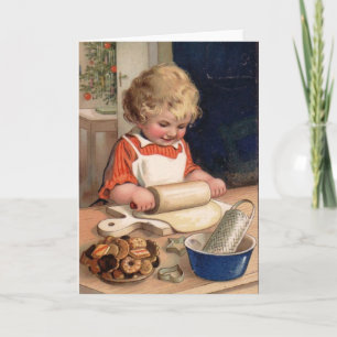 Vintage Kerstmis - Girl Baking Cookies Feestdagen Kaart