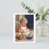 Vintage Kerstmis - Girl Baking Cookies Feestdagenkaart (Staand voorkant)