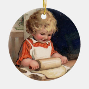 Vintage Kerstmis - Girl Baking Cookies Keramisch Ornament