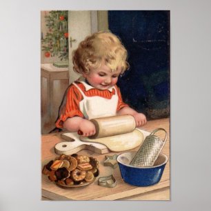 Vintage Kerstmis - Girl Baking Cookies Poster