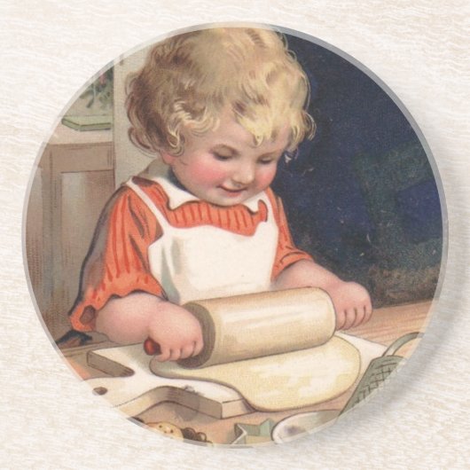 Vintage Kerstmis - Girl Baking Cookies Zandsteen Onderzetter (Voorkant)