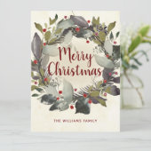 Vintage kerstmis Green Holly Berry Wreath Feestdagenkaart (Staand voorkant)