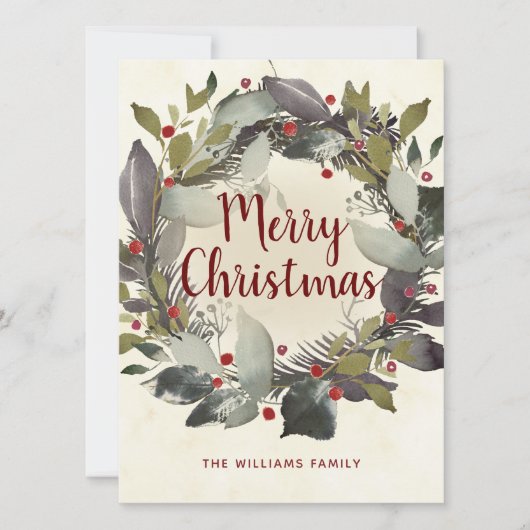 Vintage kerstmis Green Holly Berry Wreath Feestdagenkaart (Voorkant)