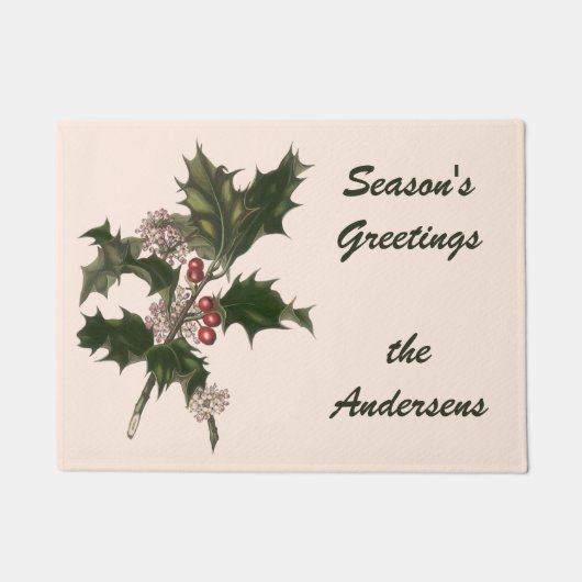 Vintage Kerstmis, Green Holly Plant met Berries Deurmat (Voorkant)