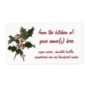 Vintage Kerstmis, Green Holly Plant met Berries Etiket