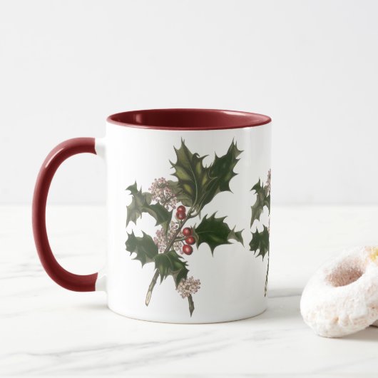 Vintage Kerstmis, Green Holly Plant met Berries Mok (Met donut)