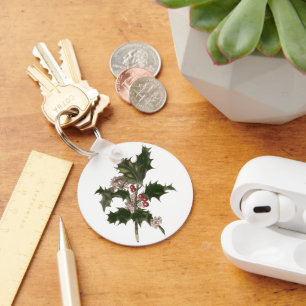 Vintage Kerstmis, Green Holly Plant met Berries Sleutelhanger