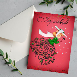 Vintage Kerstmis groene glitter sjaal meisje Feestdagenkaart