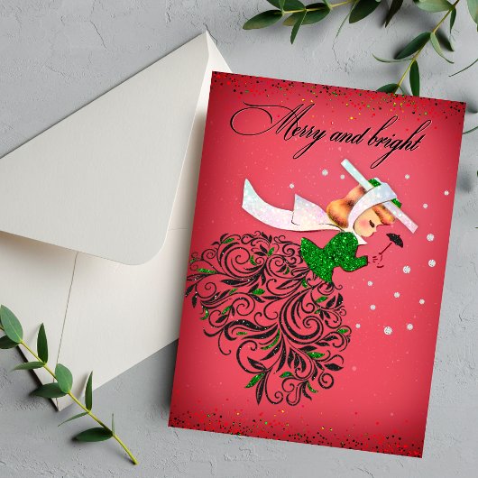 Vintage Kerstmis groene glitter sjaal meisje Feestdagenkaart