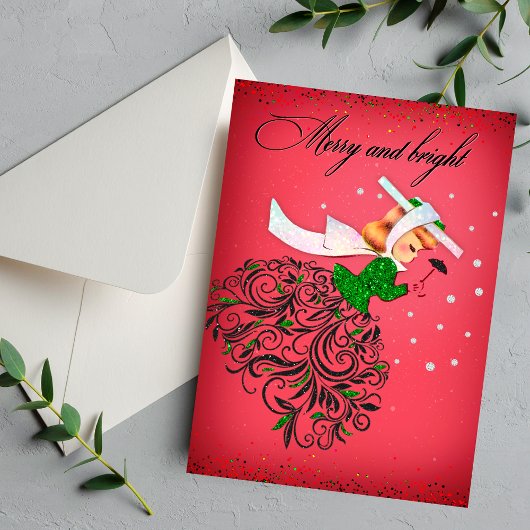 Vintage Kerstmis groene glitter sjaal meisje Kaart