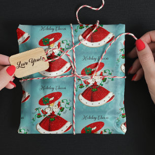 Vintage Kerstmis groene klokken rode glitter meisj Cadeaupapier