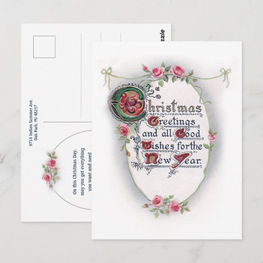  Vintage Kerstmis Groet met Rozen Briefkaart (Voorkant / Achterkant)