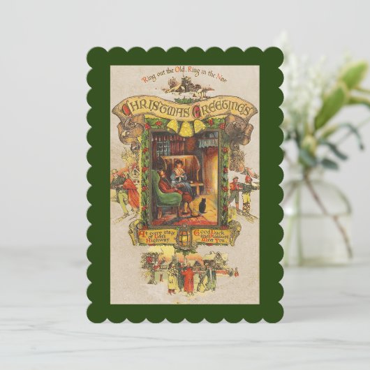 Vintage Kerstmis Groet Party Uitnodiging (Staand voorkant)