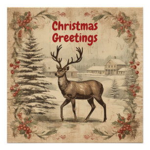 Vintage Kerstmis Groetjes Herten Perfect Poster