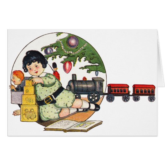 Vintage Kerstmis, Happy Boy die speelt met speelgo (Voorkant Horizontaal)