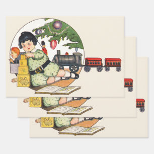 Vintage Kerstmis, Happy Boy die speelt met speelgo Inpakpapier Vel