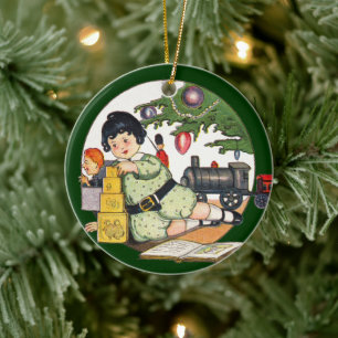 Vintage Kerstmis, Happy Boy die speelt met speelgo Keramisch Ornament