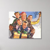 Vintage Kerstmis, Happy Family Toboggan Slaping Canvas Afdruk (Voorkant)