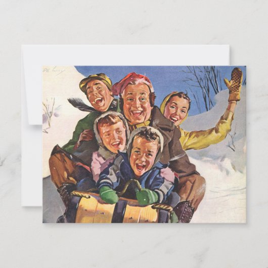 Vintage Kerstmis, Happy Family Toboggan Slaping Feestdagenkaart (Voorkant)