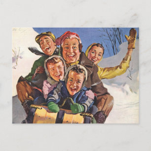 Vintage Kerstmis, Happy Family Toboggan Slaping Feestdagenkaart