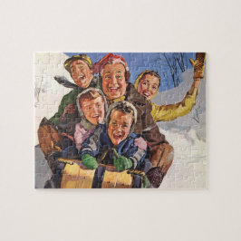 Vintage Kerstmis, Happy Family Toboggan Slaping Legpuzzel
