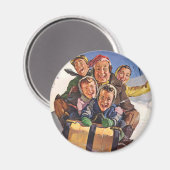 Vintage Kerstmis, Happy Family Toboggan Slaping Magneet (Voorkant / Achterkant)