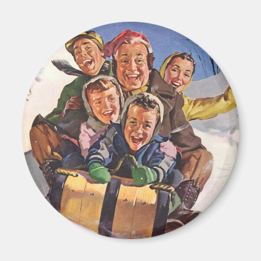 Vintage Kerstmis, Happy Family Toboggan Slaping Magneet (Voorkant)