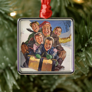 Vintage Kerstmis, Happy Family Toboggan Slaping Metalen Ornament