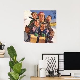 Vintage Kerstmis, Happy Family Toboggan Slaping Poster
