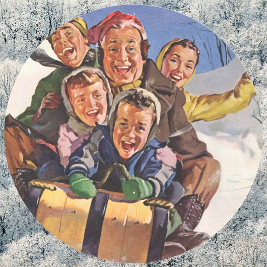 Vintage Kerstmis, Happy Family Toboggan Slaping Ronde Sticker