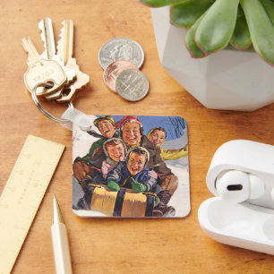 Vintage Kerstmis, Happy Family Toboggan Slaping Sleutelhanger