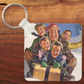 Vintage Kerstmis, Happy Family Toboggan Slaping Sleutelhanger (Voorkant)