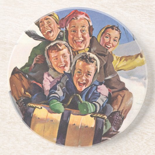 Vintage Kerstmis, Happy Family Toboggan Slaping Zandsteen Onderzetter (Voorkant)