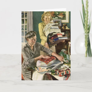 Vintage Kerstmis, Happy Family Wrapping Gifts Feestdagen Kaart
